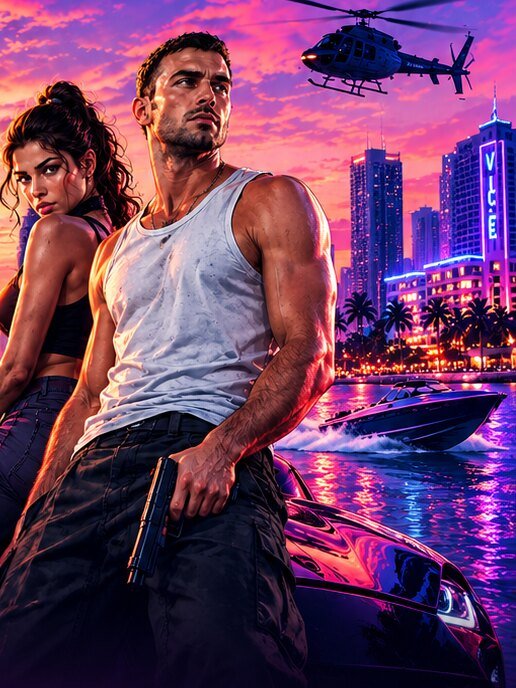 Lucia Caminos y Jason Duval frente a Vice City